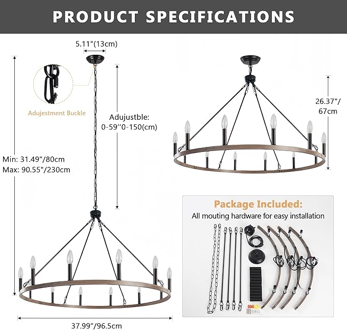 ANKYLHUA Wagon Wheel Chandelier-12 Light,38 Inch Chandeliers for Dining Room Light Fixture,Black and Metal Faux Wood Farmhouse Kitchen Light Fixtures for Living Room/Bedroom/Entryway