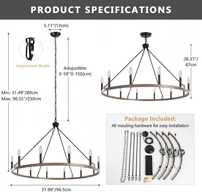 ANKYLHUA Wagon Wheel Chandelier-12 Light,38 Inch Chandeliers for Dining Room Light Fixture,Black and Metal Faux Wood Farmhouse Kitchen Light Fixtures for Living Room/Bedroom/Entryway