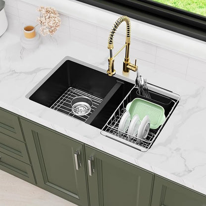 Davivy 30 Inch Black Double Bowl Granite Kitchen Sink 50/50, 30 x 18 Black Undermount Kitchen Sink, Deep Quartz Composite Double Basin with Accessories