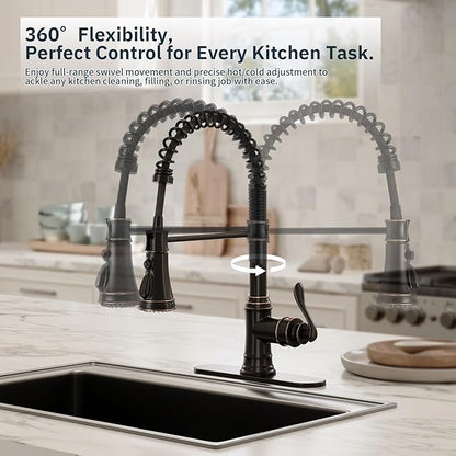 BWE Solid Brass Kitchen Faucet 1 or 3 Hole, Oil Rubbed Bronze Kitchen Sink Faucet with Pull Down Sprayer, Single Handle High Arc Faucet with 3 Mode Spray for RV Farmhouse Bar Kitchen