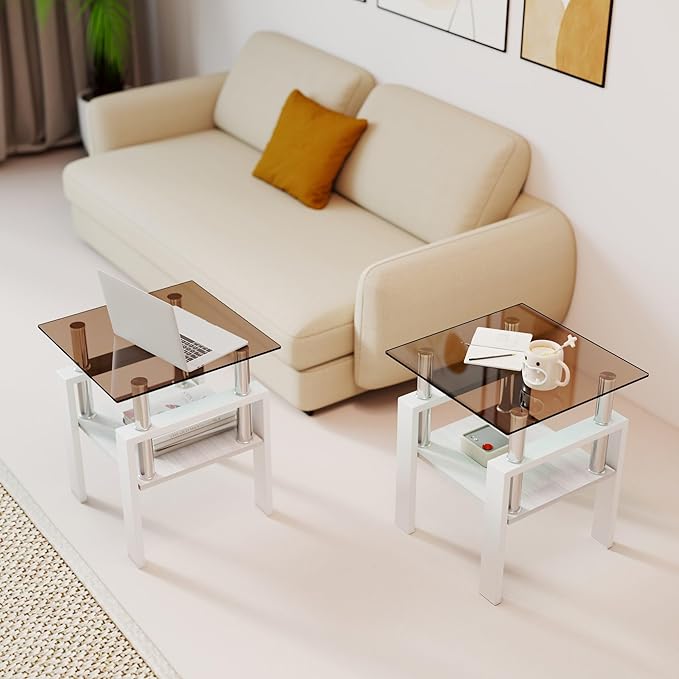 Set of 2 Glass End Table, 2-Layer Glass Living Room Table, Modern Tea Table Side Tables for Home Office Furniture