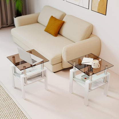 Set of 2 Glass End Table, 2-Layer Glass Living Room Table, Modern Tea Table Side Tables for Home Office Furniture