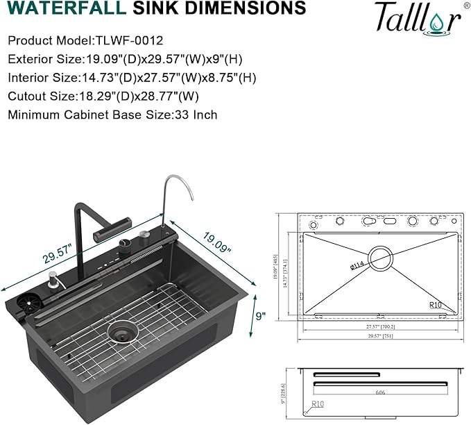 Smart Waterfall Kitchen Sink 30" Drop-In Single Bowl 16 Gauge 304 Stainless Steel Workstation Sink with Mechanical Control Panel & Pull-Down Faucet, Gunmetal Black for Decoration or Renovation