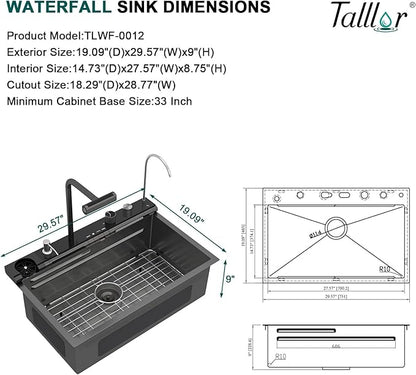 Smart Waterfall Kitchen Sink 30" Drop-In Single Bowl 16 Gauge 304 Stainless Steel Workstation Sink with Mechanical Control Panel & Pull-Down Faucet, Gunmetal Black for Decoration or Renovation