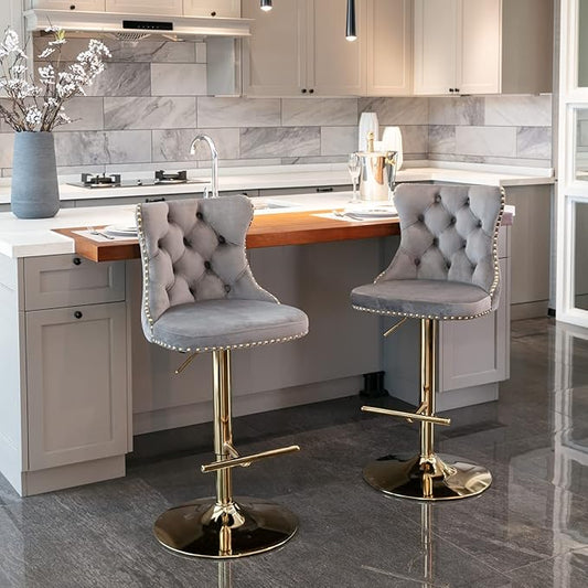 Rhomtree Velvet Swivel Bar Stools Upholstered Bar Stool with Button Tufted Back and Pull Ring Height Adjustable Barstools 25-33 Inch for Home Pub and Kitchen Island (Gray with Gold Base, Set of 2)