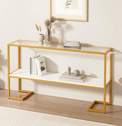 Furnify Console Sofa Table, 52" Modern Entryway Table, 2-Tier Open Shelf with Tempered Glass, Metal Frame Behind Couch Table with Gold Metal Frame for Living Room Hallway Entrance, White