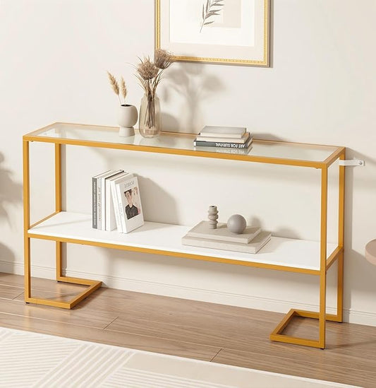 Furnify Console Sofa Table, 52" Modern Entryway Table, 2-Tier Open Shelf with Tempered Glass, Metal Frame Behind Couch Table with Gold Metal Frame for Living Room Hallway Entrance, White