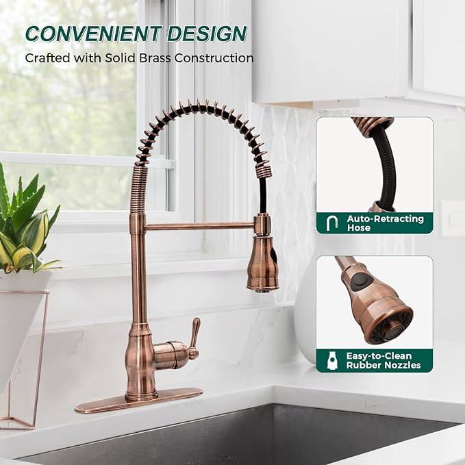 Akicon Antique Copper Pre-Rinse Spring Kitchen Faucet, Single Level Solid Brass Kitchen Sink Faucets with Pull Down Sprayer