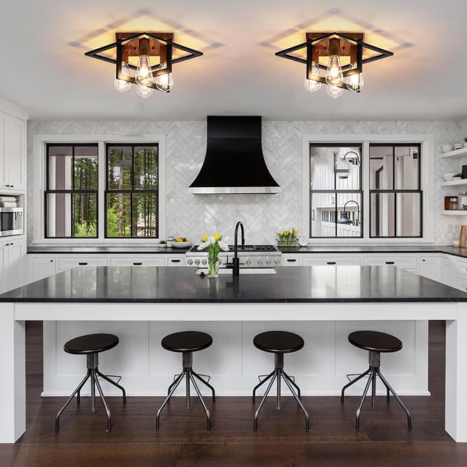 Semi Flush Mount Ceiling Light Fixture, 4 Light Industrial Ceiling Light with Black Frame & Wood Grain Accent, Close to Ceiling Farmhouse Lighting for Kitchen, Bathroom, Bedroom, Hallway (E26,1-Pack)