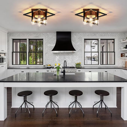 Semi Flush Mount Ceiling Light Fixture, 4 Light Industrial Ceiling Light with Black Frame & Wood Grain Accent, Close to Ceiling Farmhouse Lighting for Kitchen, Bathroom, Bedroom, Hallway (E26,1-Pack)