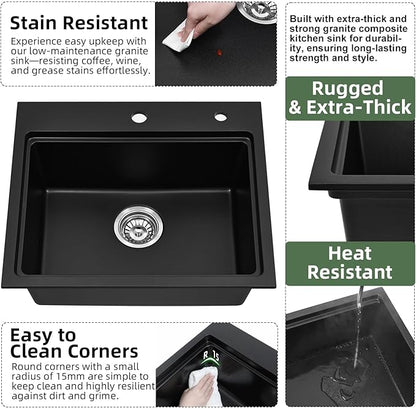 Davivy 22 Inch Granite Kitchen Sink Workstation, 22 x 19 Black Drop In/Undermount Kitchen Sink, Deep Quartz Composite Single Bowl Basin with Accessories