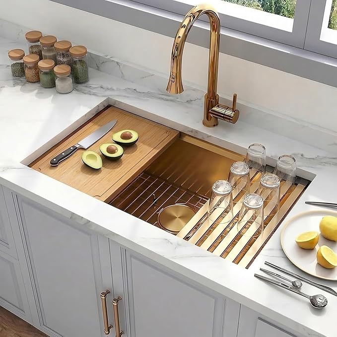 Gold Undermount Kitchen Sink, 16 Gauge T-304 Stainless Steel All In One Workstation Sinks With Full Set Accessories, 30" x 18" x 10" Large and Deep Handmade Single Bowl Kitchen Sinks