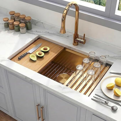 Gold Undermount Kitchen Sink, 16 Gauge T-304 Stainless Steel All In One Workstation Sinks With Full Set Accessories, 30" x 18" x 10" Large and Deep Handmade Single Bowl Kitchen Sinks
