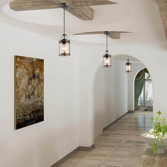 LOG BARN Pendant Lights Kitchen Island, Farmhouse Mini Kitchen Pendant Lighting Over Island with Clear Glass Shade, Rustic Faux Wood Pendant Light Fixtures for Dining Room, Hallway