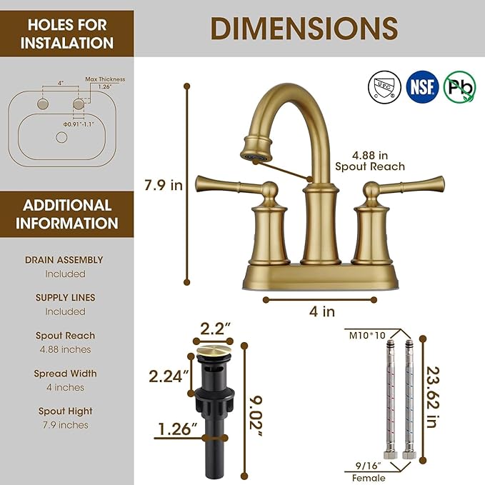 Brushed Gold 4 inch Centerset Bathroom Faucet, 2 Handle Bathroom Faucet 3 Hole, Antique Brass Bathroom Faucet with Pop Up Drain Supply Hose for Vanity Lavatory RV Farmhouse(L2303-BG)