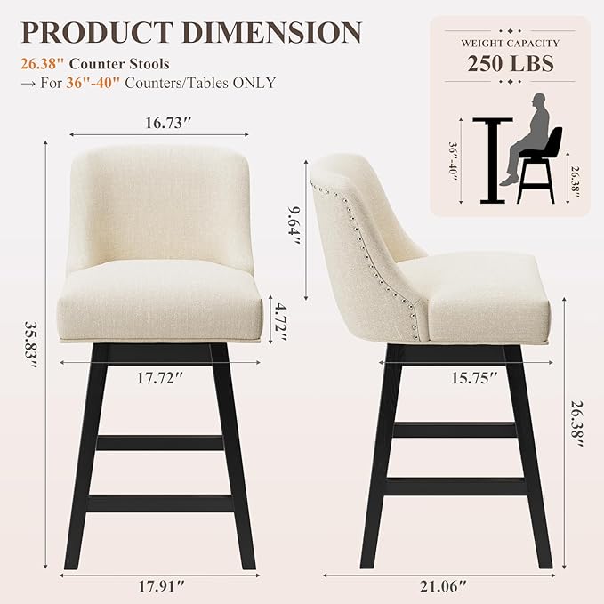 MALOL Swivel Bar Stools Set of 6, 27" Counter Height Kitchen Stools with Padded Seats and Solid Wood Legs, Upholstered Barstools for Kitchen Island, Breakfast Nook (Beige)