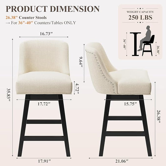 MALOL Swivel Bar Stools Set of 6, 27" Counter Height Kitchen Stools with Padded Seats and Solid Wood Legs, Upholstered Barstools for Kitchen Island, Breakfast Nook (Beige)