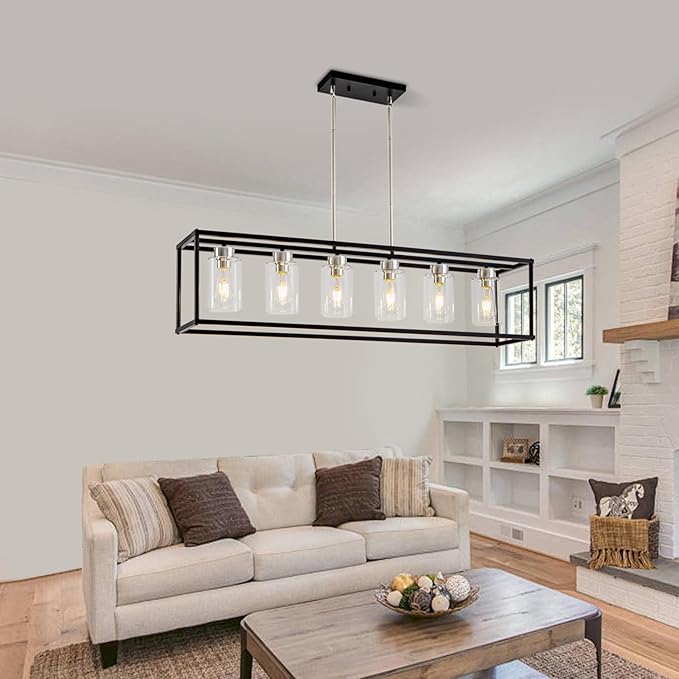 6 Lights Modern Dining Room Light Fixtures Over Table Black & Brushed Nickel Farmhouse Chandeliers Rectangular Pendent Lighting for Kitchen with Glass Shade Linear Hanging Industry Ceiling Light