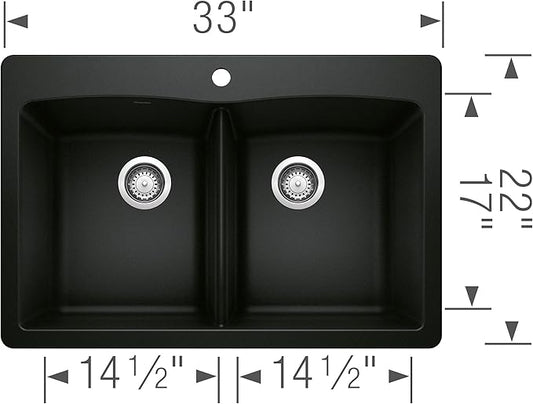 Diamond SILGRANIT 33" 50/50 Double Bowl Dual Mount Kitchen Sink - Coal Black