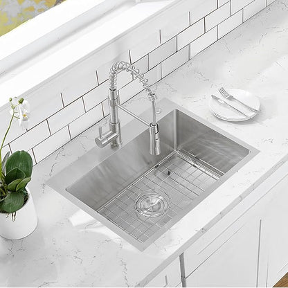 HOTIS 24 x 18 Inch Drop In Kitchen Sink, Overmount 304 Stainless Steel RV Laundry Utility Sink, Topmount Extra-thick 16 Gauge Brushed Nickel Single Bowl Sink with Dish Grid & Drain