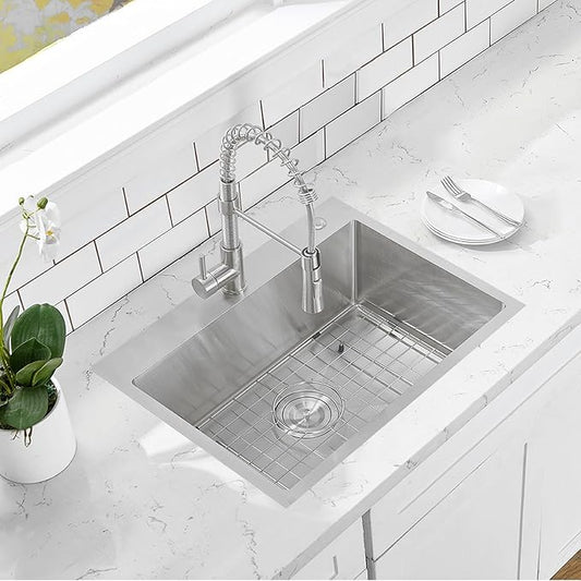 HOTIS 24 x 18 Inch Drop In Kitchen Sink, Overmount 304 Stainless Steel RV Laundry Utility Sink, Topmount Extra-thick 16 Gauge Brushed Nickel Single Bowl Sink with Dish Grid & Drain
