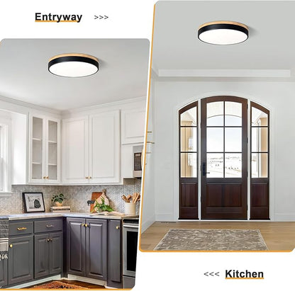 Modern Dimmable Wood Ceiling Light, Black Round LED Flush Mount Ceiling Lighting Fixtures, Minimalist Ceiling Lamp for Kitchen Bedroom Laundry Room Living Room Entryway Hallway&15.74 in