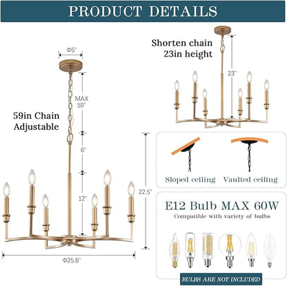 Gold Chandelier Light Fixture 6-Light Candle Dining Room Chandelier Lighting Over Table Vintage Brass Metal Chandeliers for Bedroom Kitchen Island Foyer Entryway, 26in