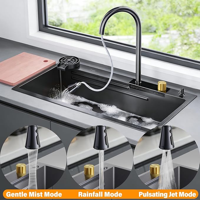 33x17.7" Drop In Kitchen Sink with Faucet, 10" Basin Depth Undermount Kitchen Sinks, Stainless Steel Sink with Cup Washer, Drain Strainer, Cutting Board, Colander, Storage Basket & Roll-up Rack