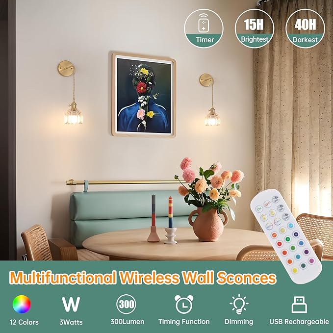 Shenmoyl Battery Operated Wall Sconce with Clear Tulip Shade Pattern Glass Adjustable Chain Retro Gold Wall Mounted Light, Modern Wall Lamp Fixtures Decor for Bedside Bedroom Indoor Doorway