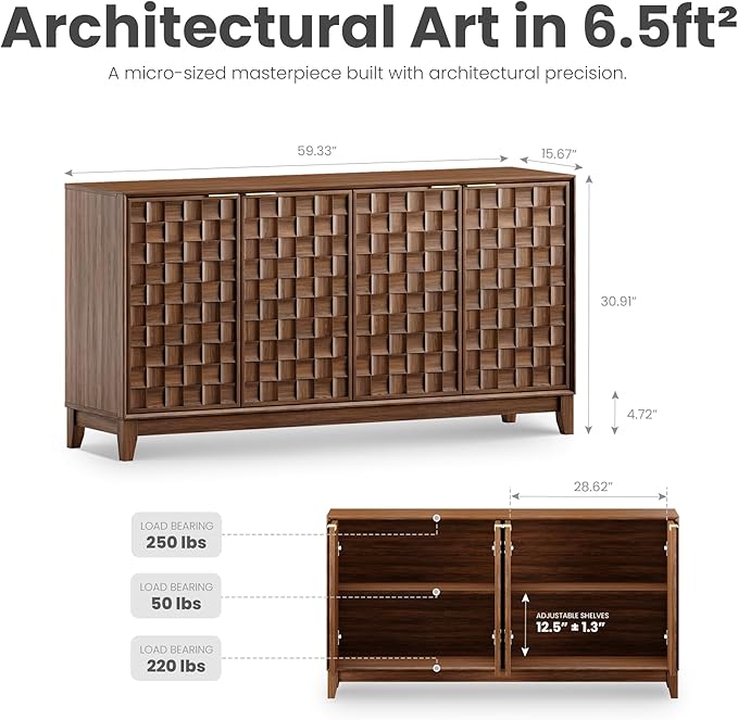 MALOL Sideboard Buffet Cabinet with Storage, Modern 4-Door Buffet Table with 3D Checkerboard Doors & Solid Wood Legs, Large Coffee Bar Cabinet for Dining Room, Living Room, Entryway, Walnut
