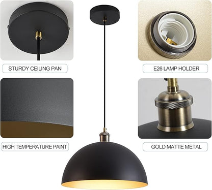 Vintage black and gold Pendant Light 13.7'' Retro Farmhouse Dome Pendant Lamp Modern Industrial Chandelier for Wire length 78.74'' Kitchen Island, Bedroom, Dining Room, Living Room, Hallway