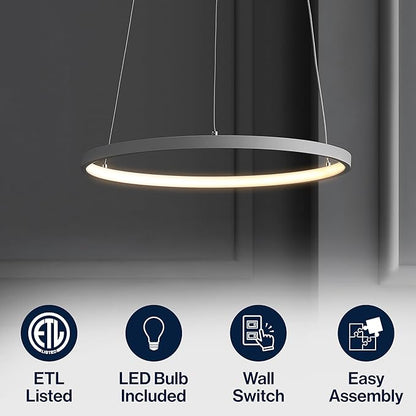 JONATHAN Y 15.75" Gray Modern Integrated LED Pendant Light, Dimmable Round Hoop Chandelier for Kitchen Island, Dining Room, Adjustable Height Metal Hanging Light (JYL7202E)