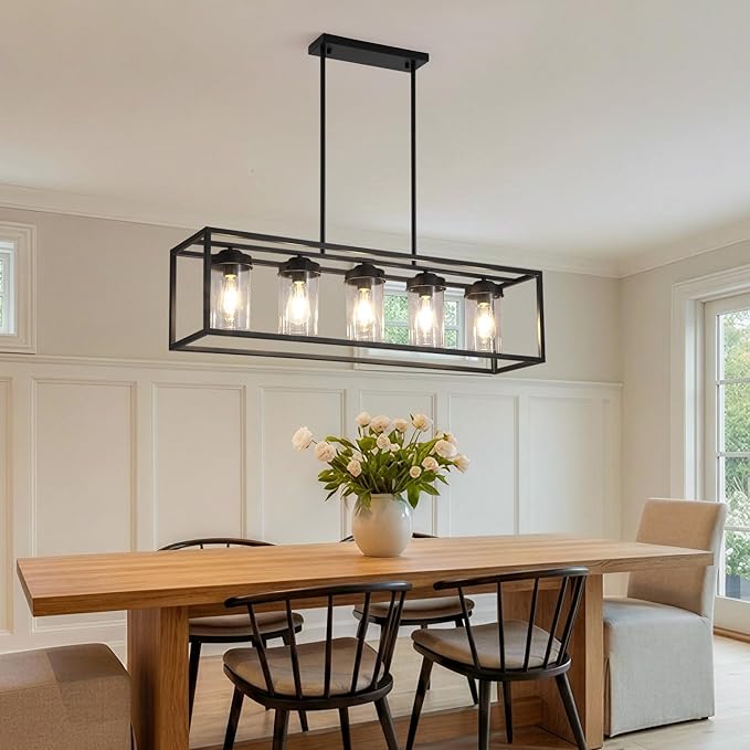 Black Farmhouse Dining Room Chandelier, Rectangular Clear Glass Pendant Light, Modern Industrial Hanging Light Fixture for Kitchen Island