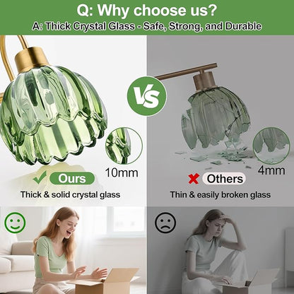 2-Light Bathroom Vanity Light, Brushed Gold Vanity Wall Light Over Mirror with Ribbed Green Tulip Glass Shade, Bathroom Light Fixtures for Bedroom, Living Room, Hallway
