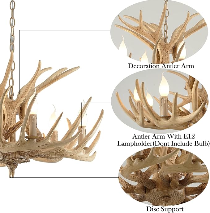 Rustic Antler Chandelier Lighting,Retro Deer Antler Chandelier 6 Light,E12 Base, Deer Horn Ceiling Pendant Light Fixtures for Home Hotel Store (6 lamp arms + 3 arms)