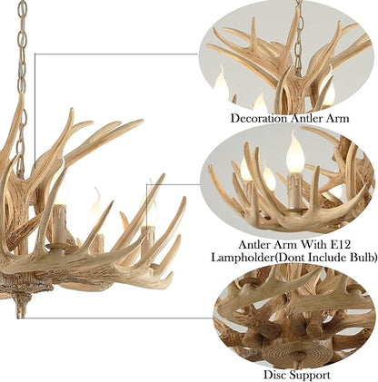 Rustic Antler Chandelier Lighting,Retro Deer Antler Chandelier 6 Light,E12 Base, Deer Horn Ceiling Pendant Light Fixtures for Home Hotel Store (6 lamp arms + 3 arms)