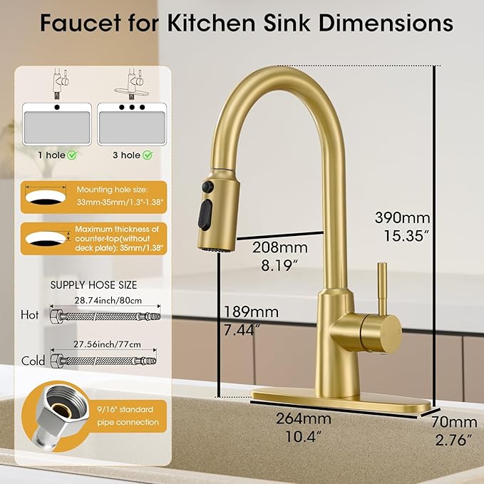 Brushed Gold Kitchen Faucet with Pull Down Sprayer, High Arc Single Handle Stainless Steel 1 or 3 Hole Faucet for Kitchen Sink, Farmhouse, RV, Laundry, Bar, Outdoor