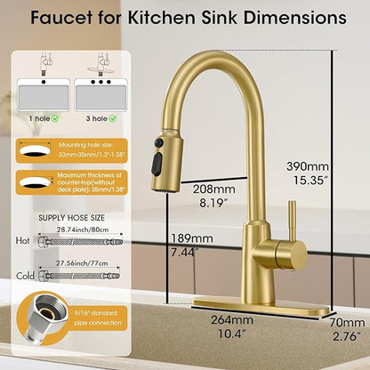Brushed Gold Kitchen Faucet with Pull Down Sprayer, High Arc Single Handle Stainless Steel 1 or 3 Hole Faucet for Kitchen Sink, Farmhouse, RV, Laundry, Bar, Outdoor