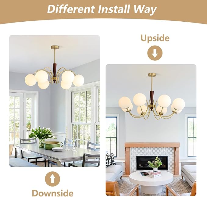 KCO Lighting 6 Light Gold Sputnik Light Fixture Vintage Brass Milk Glass Chandelier White Globe Pendant Lights Kitchen Island Modern Farmhouse Chandeliers for Dining Room