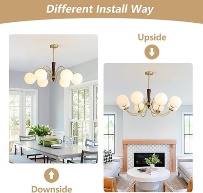 KCO Lighting 6 Light Gold Sputnik Light Fixture Vintage Brass Milk Glass Chandelier White Globe Pendant Lights Kitchen Island Modern Farmhouse Chandeliers for Dining Room
