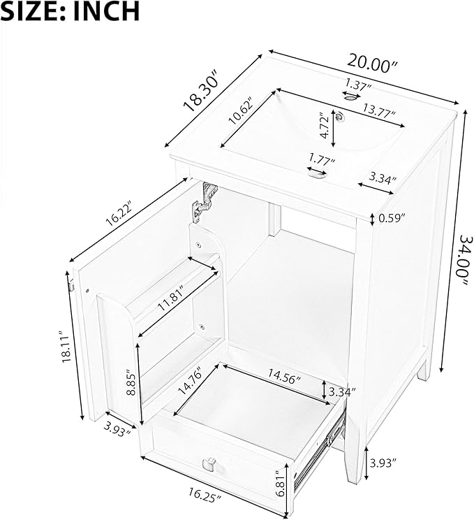 20" Bathroom Vanity with Ceramic Sink Top Set, Multi-Functional Storage Cabinet with Rack Organizer and Drawer, Soft-Closing Door, Solid Wood Frame, White