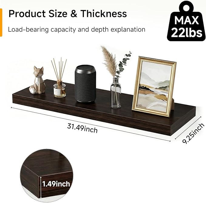 INHABIT UNION 31.5in Floating Shelves for Wall, Wall Mounted Shelves for Decor Storage Set of 2, Floating Shelf for Bedroom, Bathroom, Living Room and Kitchen（Dark Walnut）