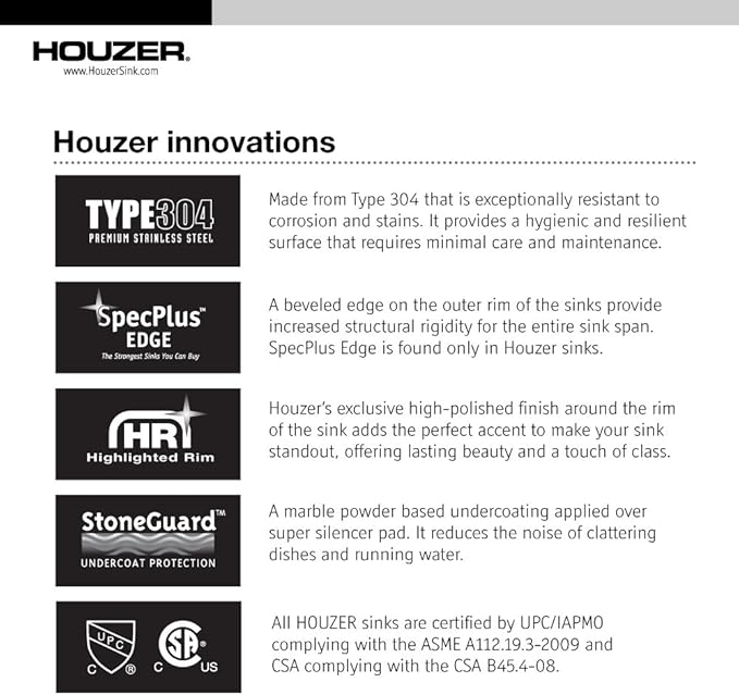 Houzer MH-3200 Medallion Gourmet Series Undermount Stainless Steel Offset Single Bowl Kitchen Sink