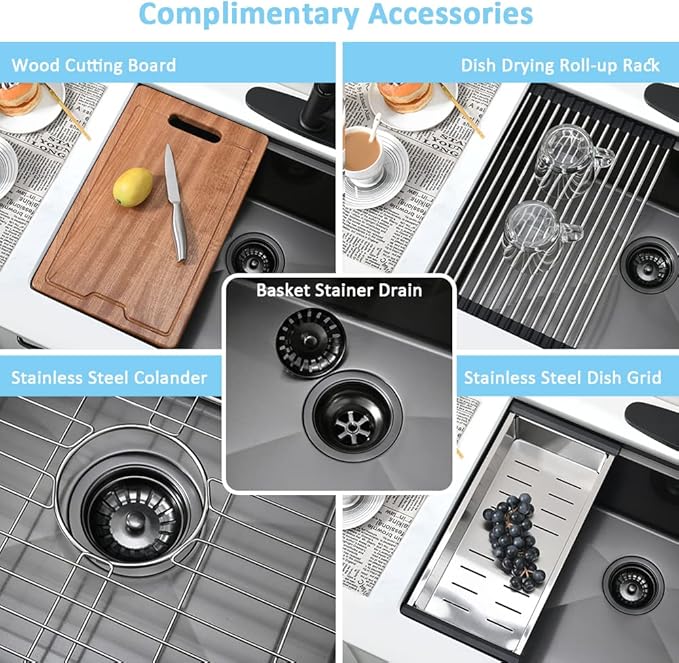 27 Inch Black Undermount Kitchen Sink Workstation-Bokaiya 27x19 Stainless Steel Undermount Sink 16 Gauge Deep Single Bowl Kitchen Sinks with Cutting Board