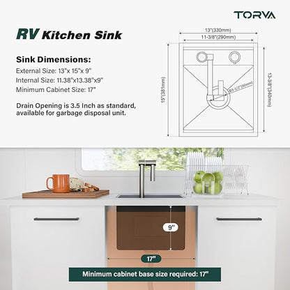 TORVA RV Kitchen Sink, 13 x 15 x 9 Inch Undermount Bar Sink 16 Gauge Stainless Steel Single Bowl Sink with Faucet Cutting Board, Grey
