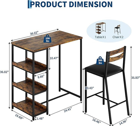 IDEALHOUSE 36" Counter Height Dining Table Set for 2 with Upholstered Bar Chairs and Storage Shelves, Space-Saving Kitchen Table for Small Space, Apartment, Studio, Rustic Brown