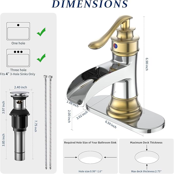 BWE Bathroom Faucet Waterfall Single Handle Chrome and Gold Vanity with Pop Up Drain Stopper with Overflow One Hole Lever Bath Sink Basin Restroom Mixer Tap Commercial Supply Line