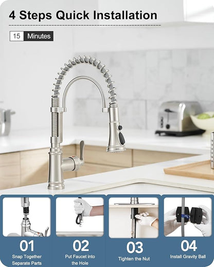 Pull-down Sprayer Kitchen Faucets Brushed Nickel 3 Mode Single Hole Kitchen Faucet 3 Hole, 360 Degree Swivel Stainless Steel Faucet for Kitchen Sink, 1 Handle Kitchen Sink Faucet with Deck Plate
