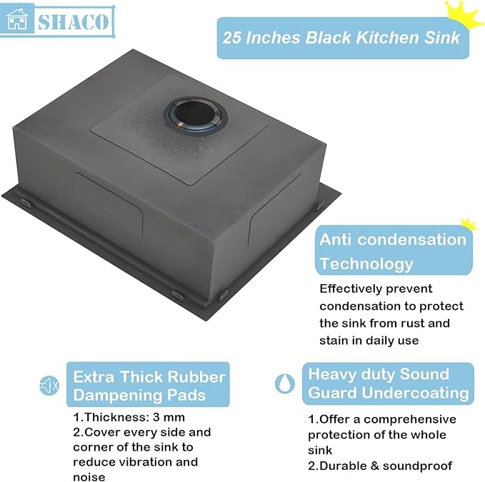 SHACO 25x22 Black Drop In Kitchen Sink, 25 Inch Topmount Stainless Steel Workstation Sink, Single Bowl Bar Prep RV Laundry Small Kitchen Sink with Cutting Board