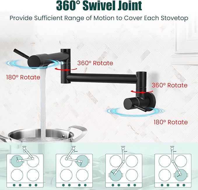 Heyalan Pot Filler 19 Inch Wall Mount Folding Stretchable Kitchen Restaurant Faucet Stainless Steel Pot Filler Double Joint Swing Arm Two Handles Commercial NPT,Straight Handle,Matte Black